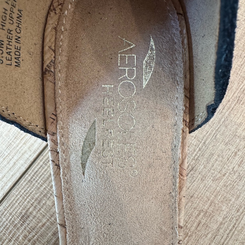 Aerosoles High Hopes Black Leather Ankle Strap Sandals Cork Block Heel Size 9.5 - Picture 10 of 10